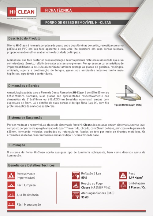 Ficha técnica do produtoForro de Gesso Removível Hi-Clean